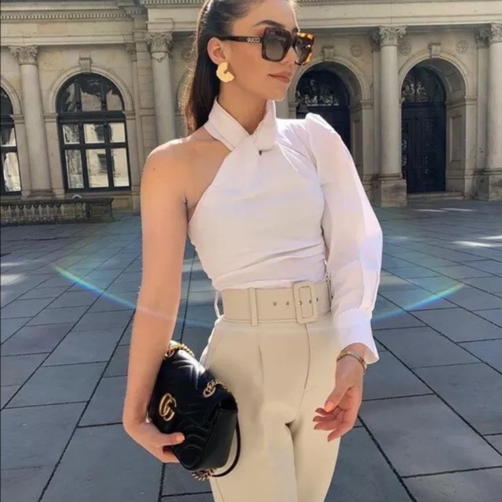 NWT ZARA WHITE ONE SLEEVE LINEN BLEND TOP BLOUSE